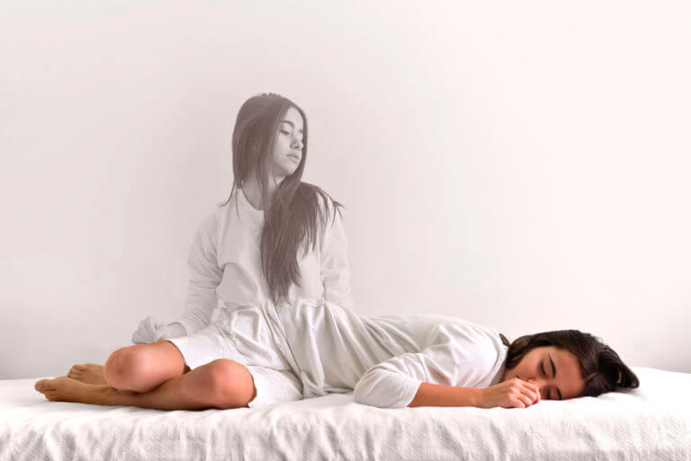young girl with her soul waking up and body still asleep