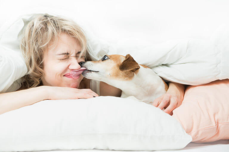 blonde woman in bed with dog